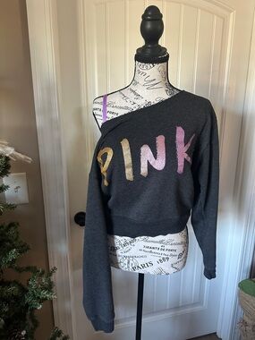 PINK Victoria's Secret Off-Shoulder Charcoal Sweatshirt with Metallic Logo